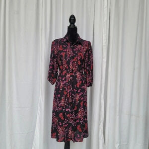 Nanette Lepore Black Pink Red Floral Long Sleeve Button Up Shirt Dress  Sz 6